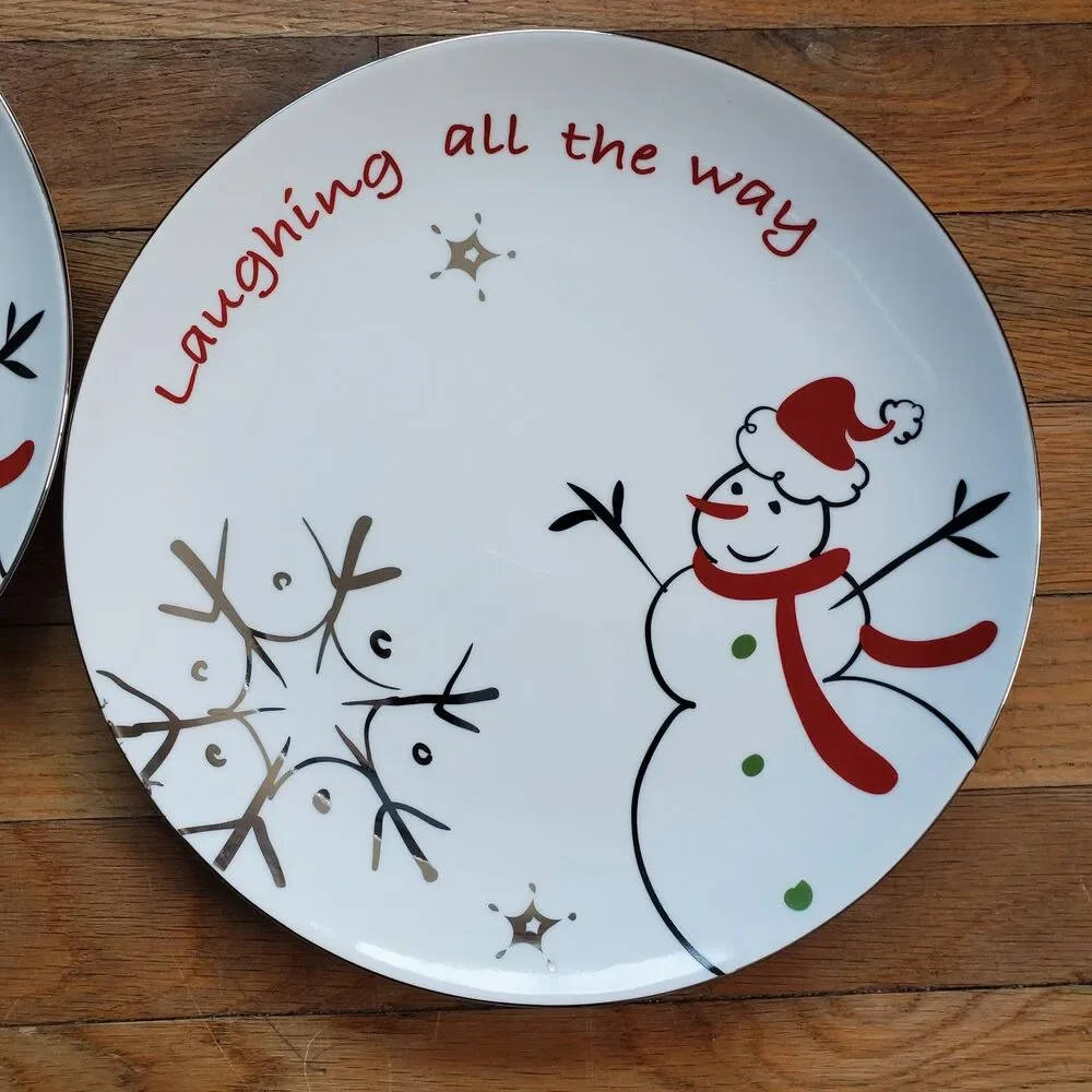 Snowman plates laughing all the way snowflake winter Christmas set of two